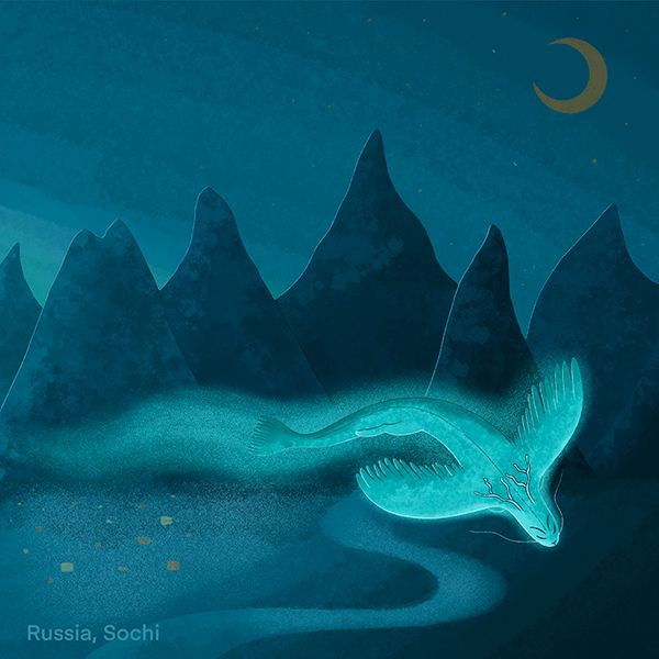 A translucent cyan dragon glides through a dark mountain valley beneath a crescent moon.