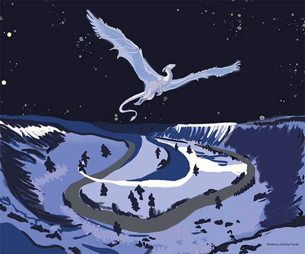 A slender pale dragon flies above a winding snowy roadway through dark hills.