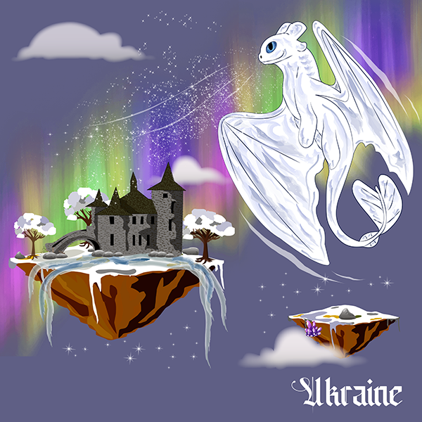 A white-and-green dragon floats beside castle islands beneath colorful aurora lights.