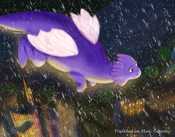 A purple dragon with pink wings glides through a snowy night above city lights.