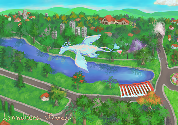 A slender pale blue dragon follows a river across a lush green city landscape.