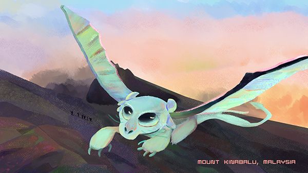 A teal dragon with translucent wings glides above a mountain at sunset.