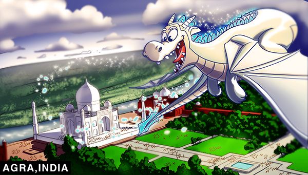 A white-and-blue dragon flies over a grand white mausoleum and formal gardens.