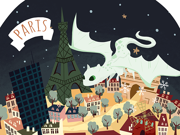 A pale green serpentine dragon coils over illustrated streets beside a tall iron tower.