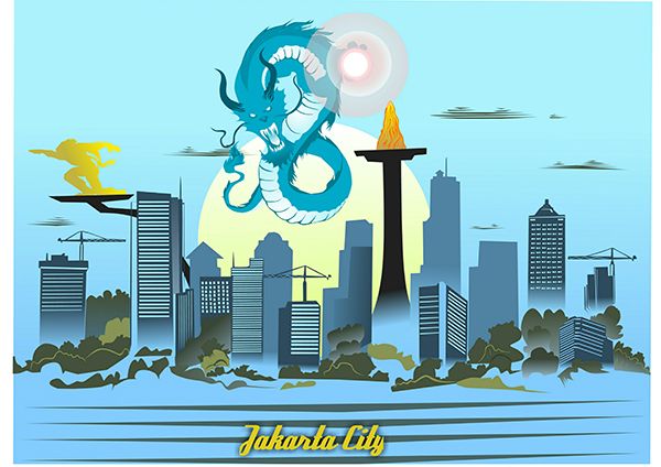 A turquoise coiled dragon raises a glowing orb above a stylized waterfront skyline.