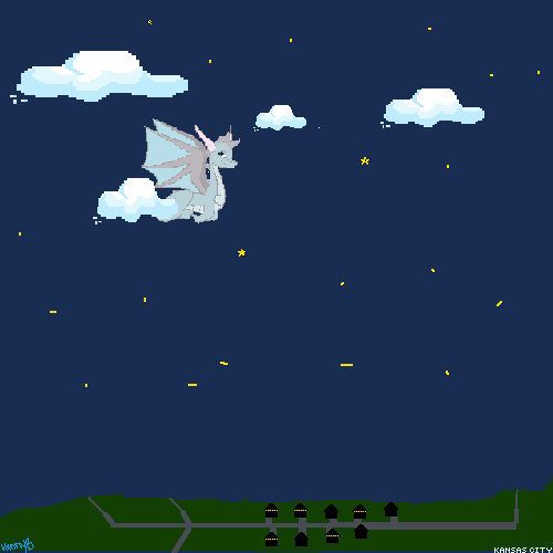 A tiny pale dragon flies among white clouds in a dark blue, star-speckled sky.