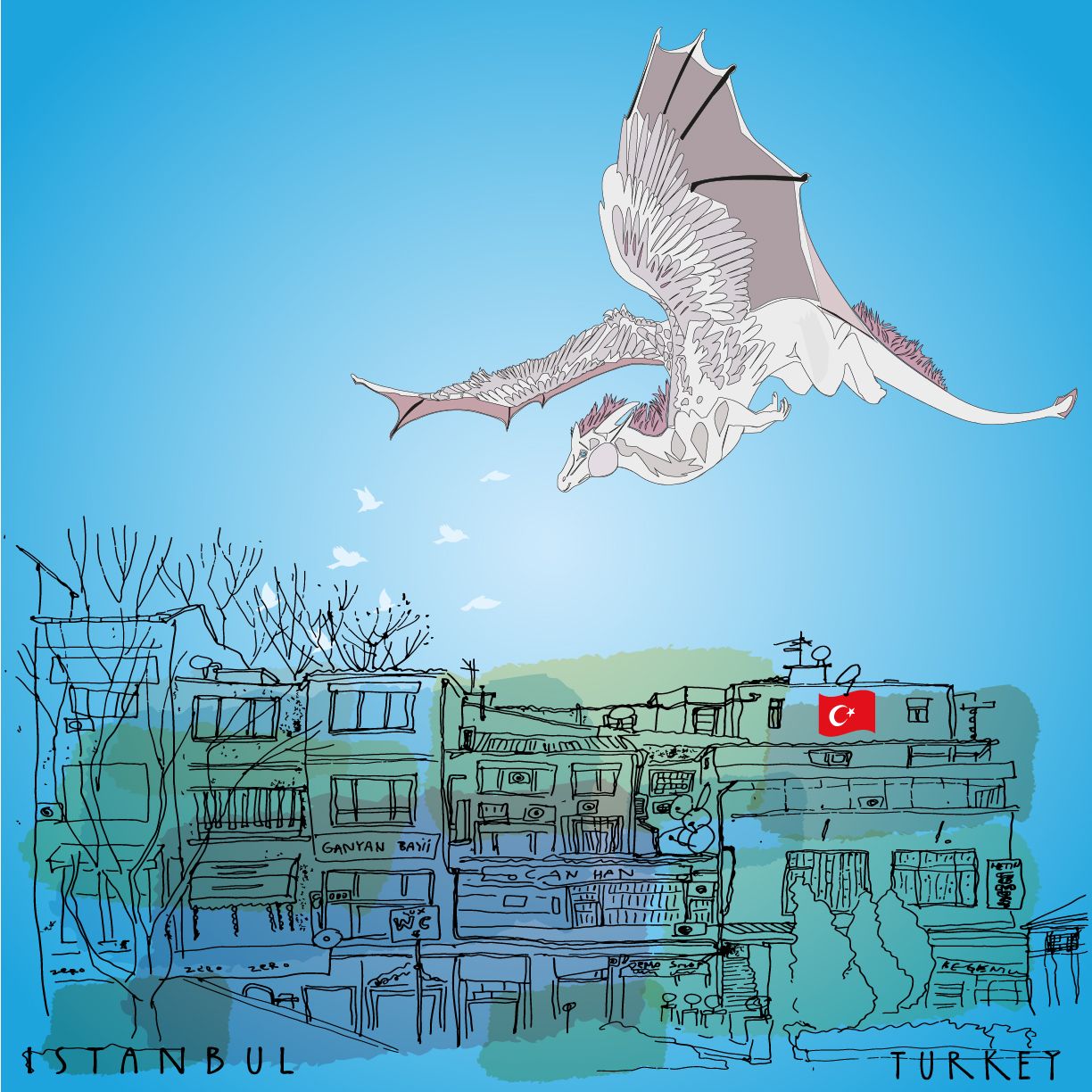 A white feathered dragon flies above a blue line drawing of dense city buildings.