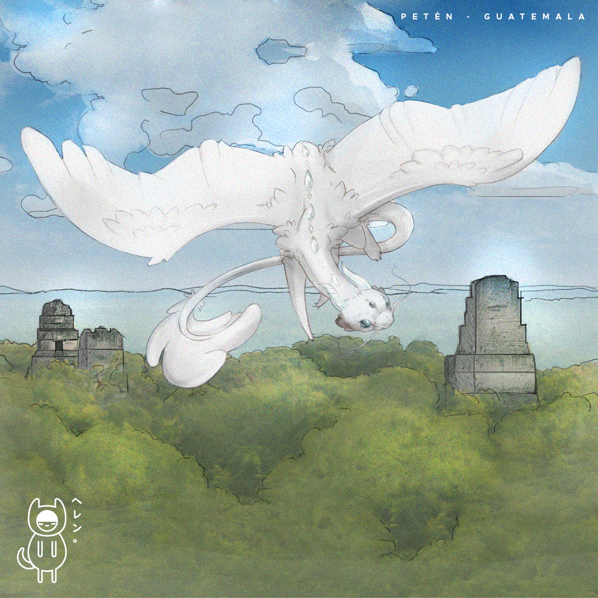 Two white dragons fly above a green forest and ancient stone temples.