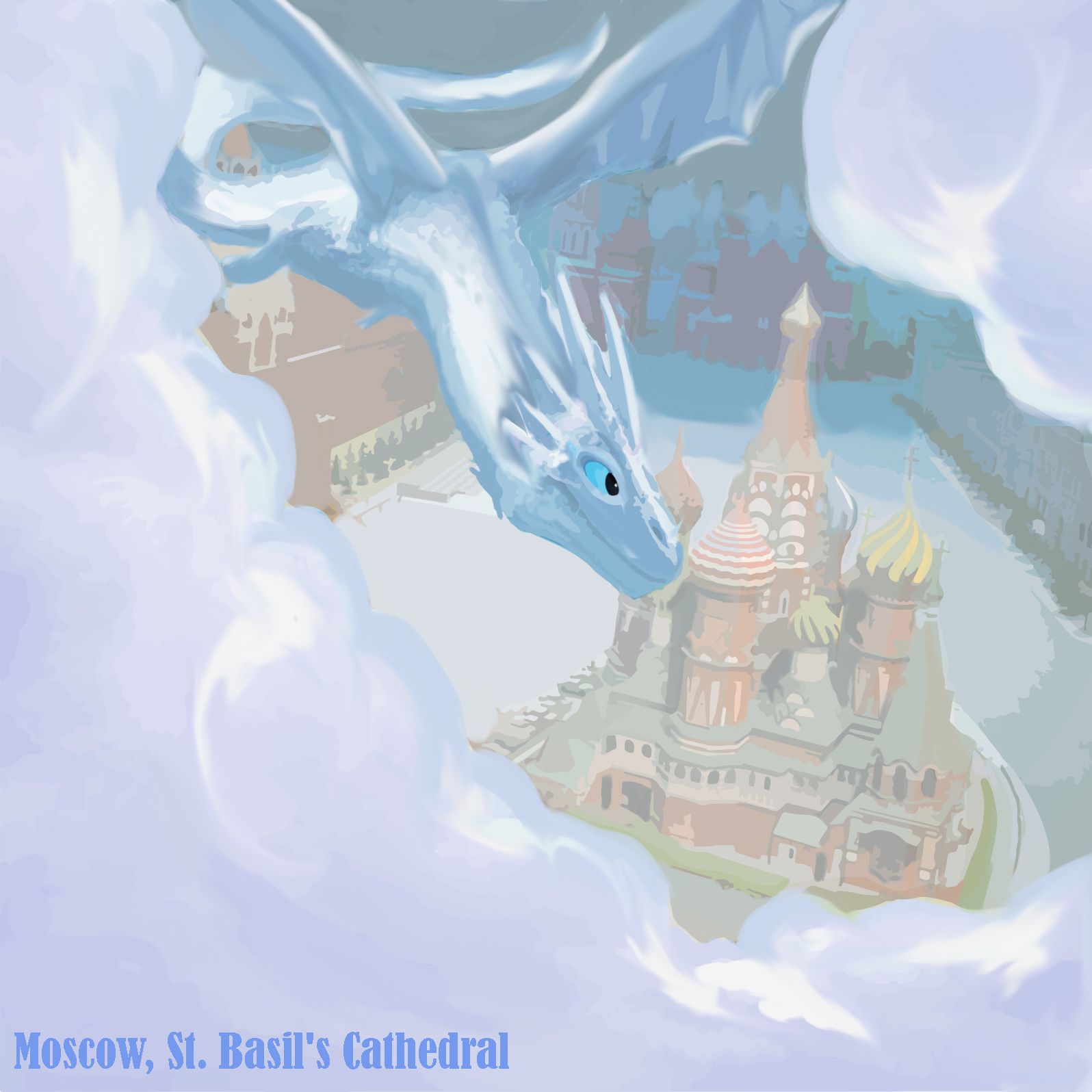 A pale blue dragon spirals through clouds above a colorful domed cathedral.