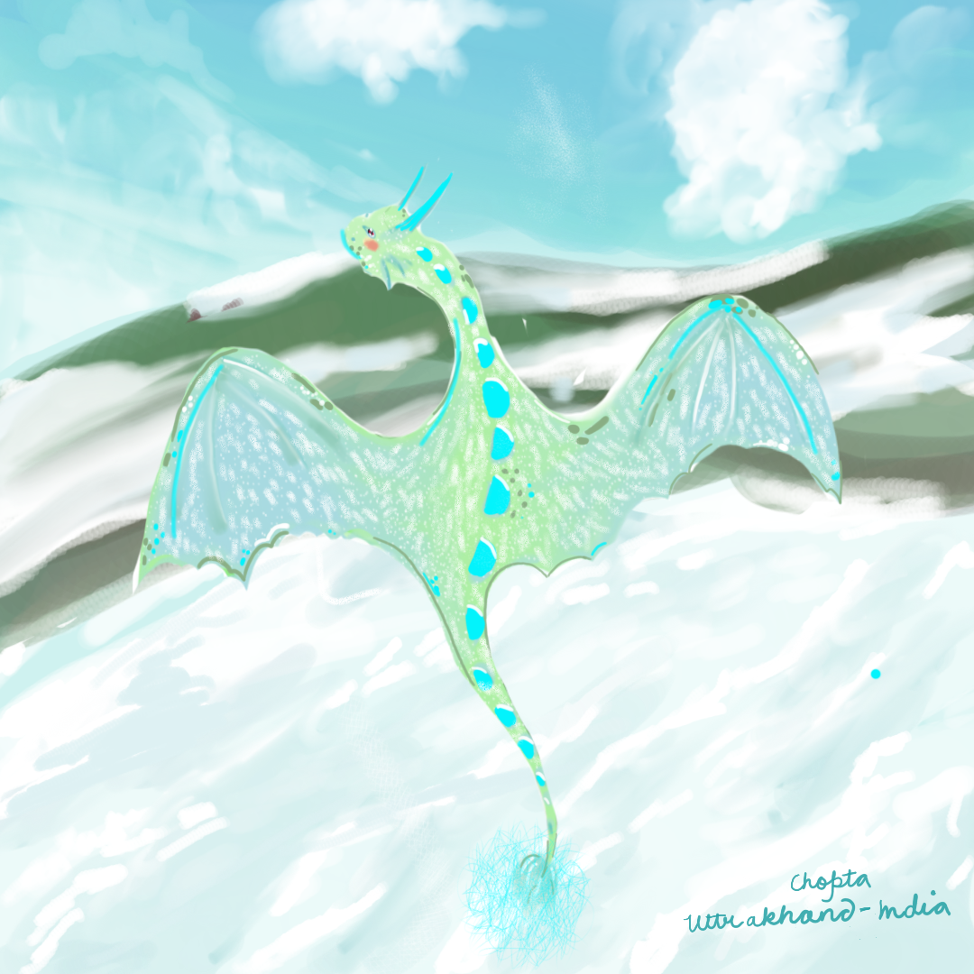 A turquoise spotted dragon flies over rolling snow-covered mountains.