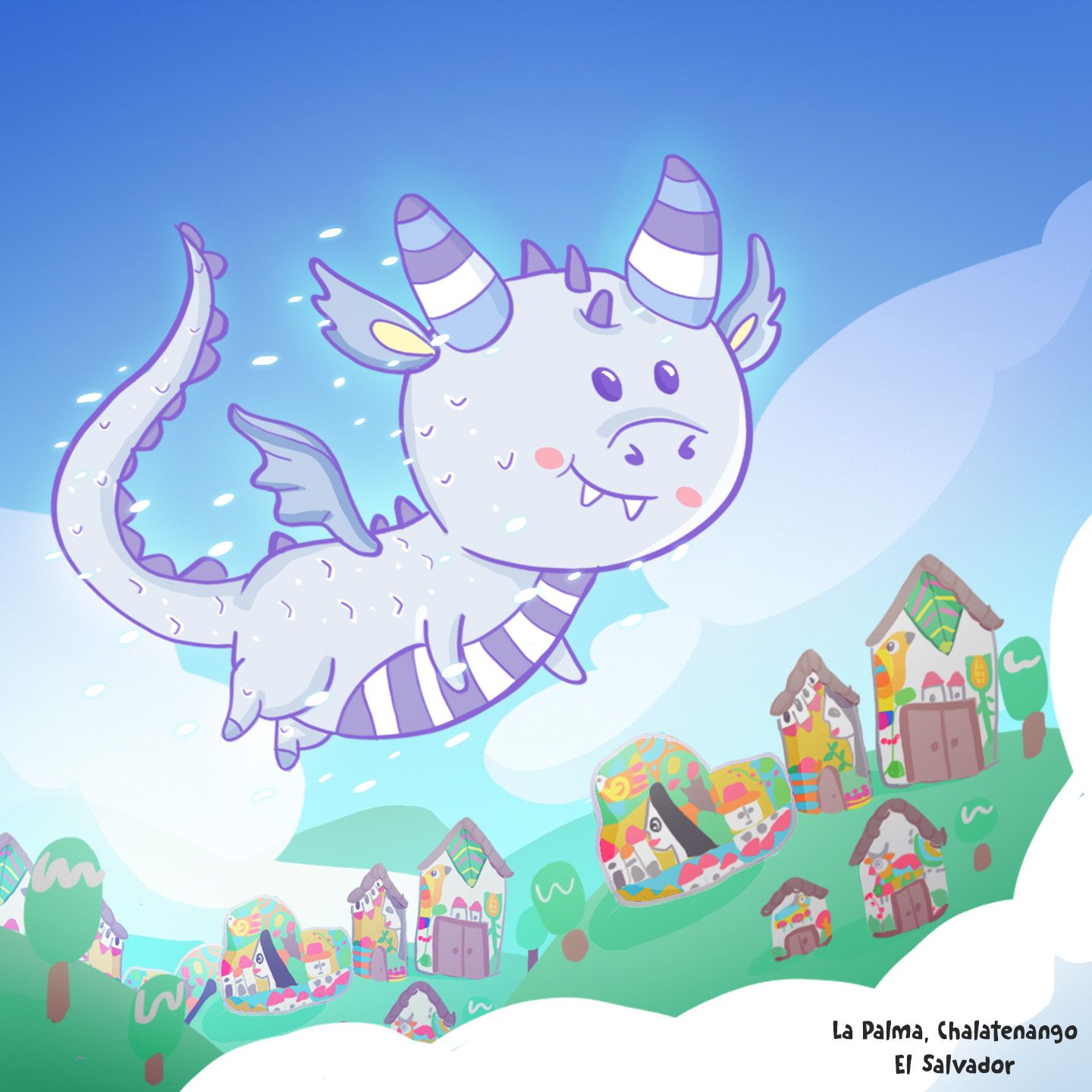 A smiling lavender striped dragon flies above a bright hillside village.