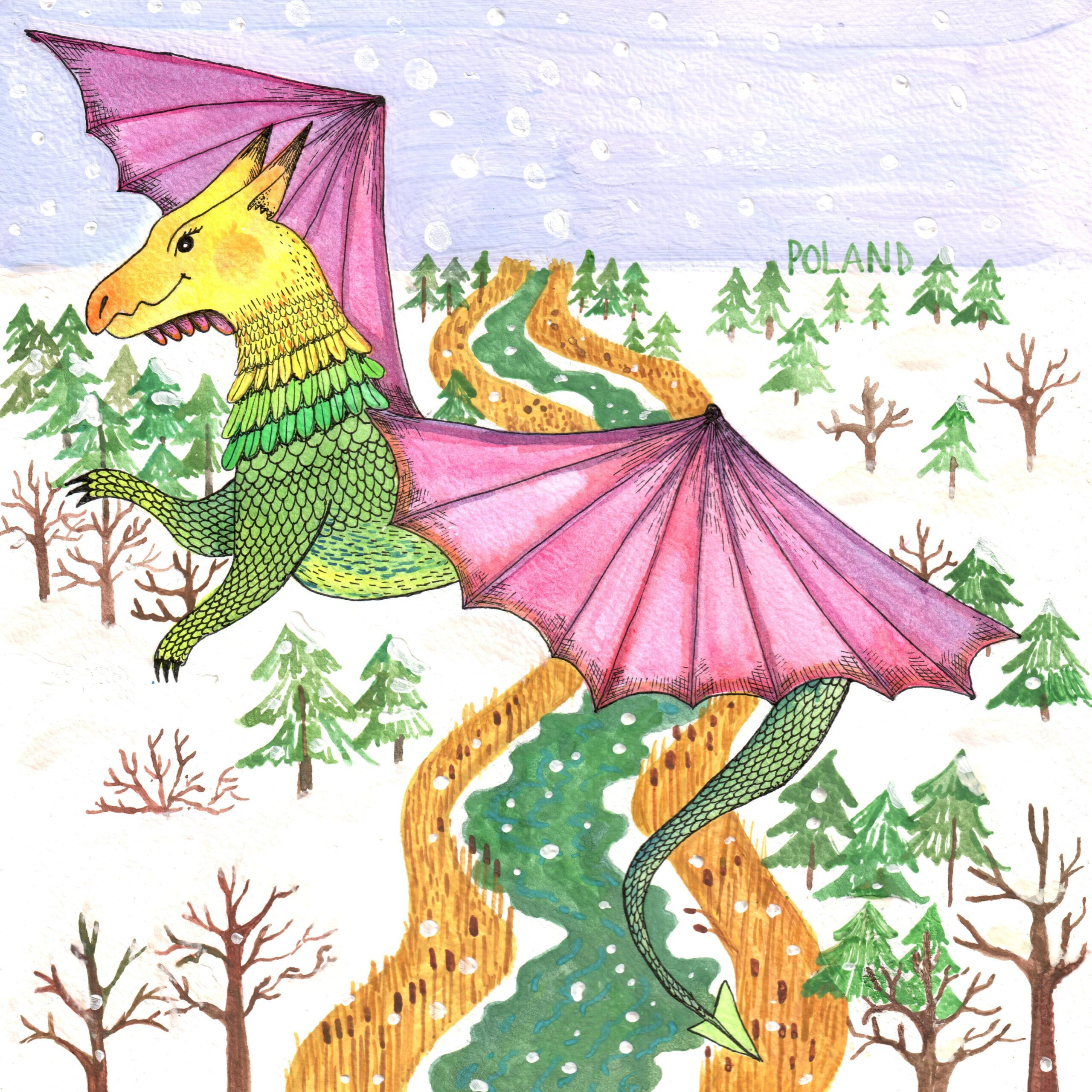 A green-and-yellow dragon with pink wings winds through a snowy pine forest.