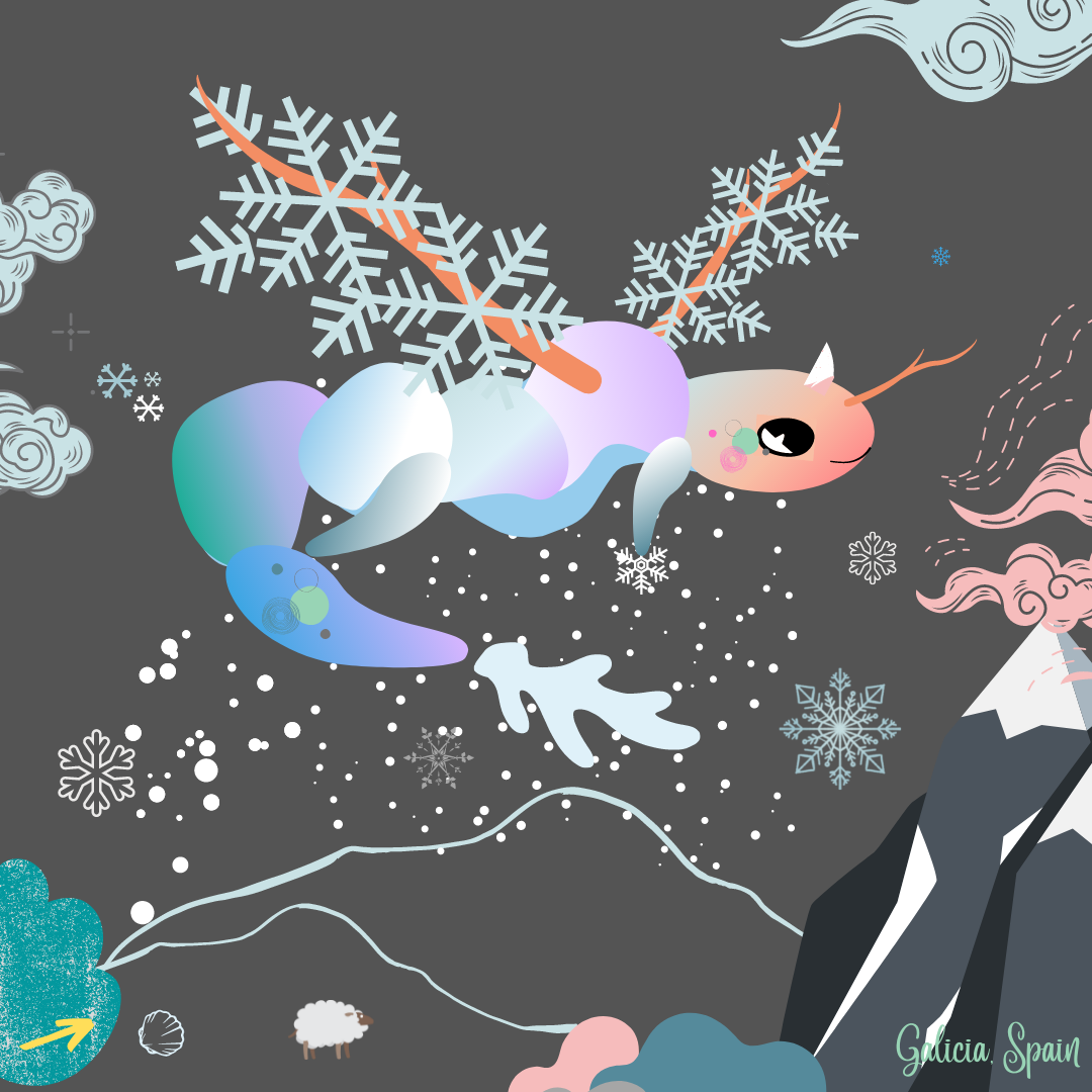 A pink-and-blue winged dragon floats among bold snowflake patterns.