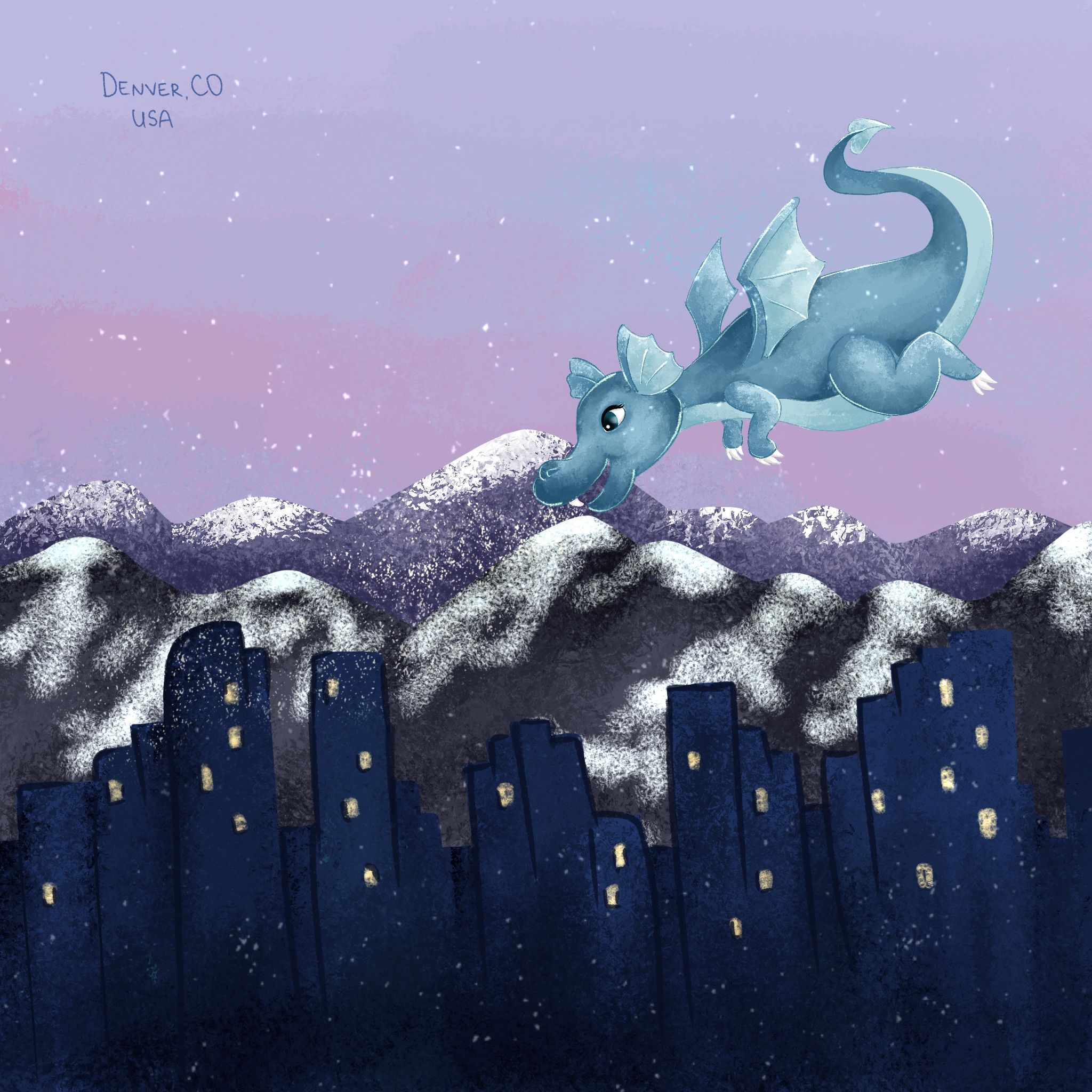 A curled blue dragon flies above a dark city and snowy hills under a lavender sky.