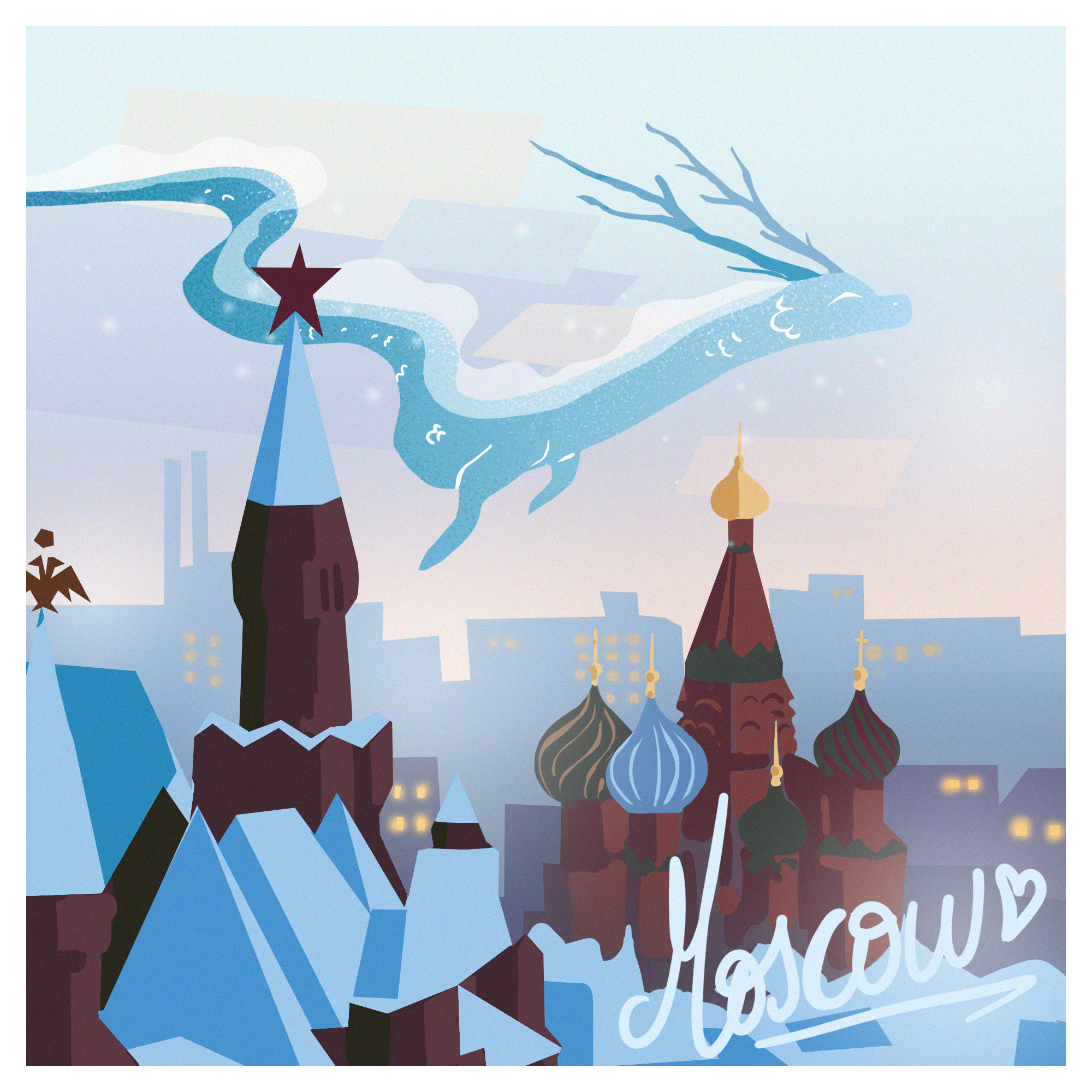 A translucent white dragon streams above a stylized skyline of domes and towers.