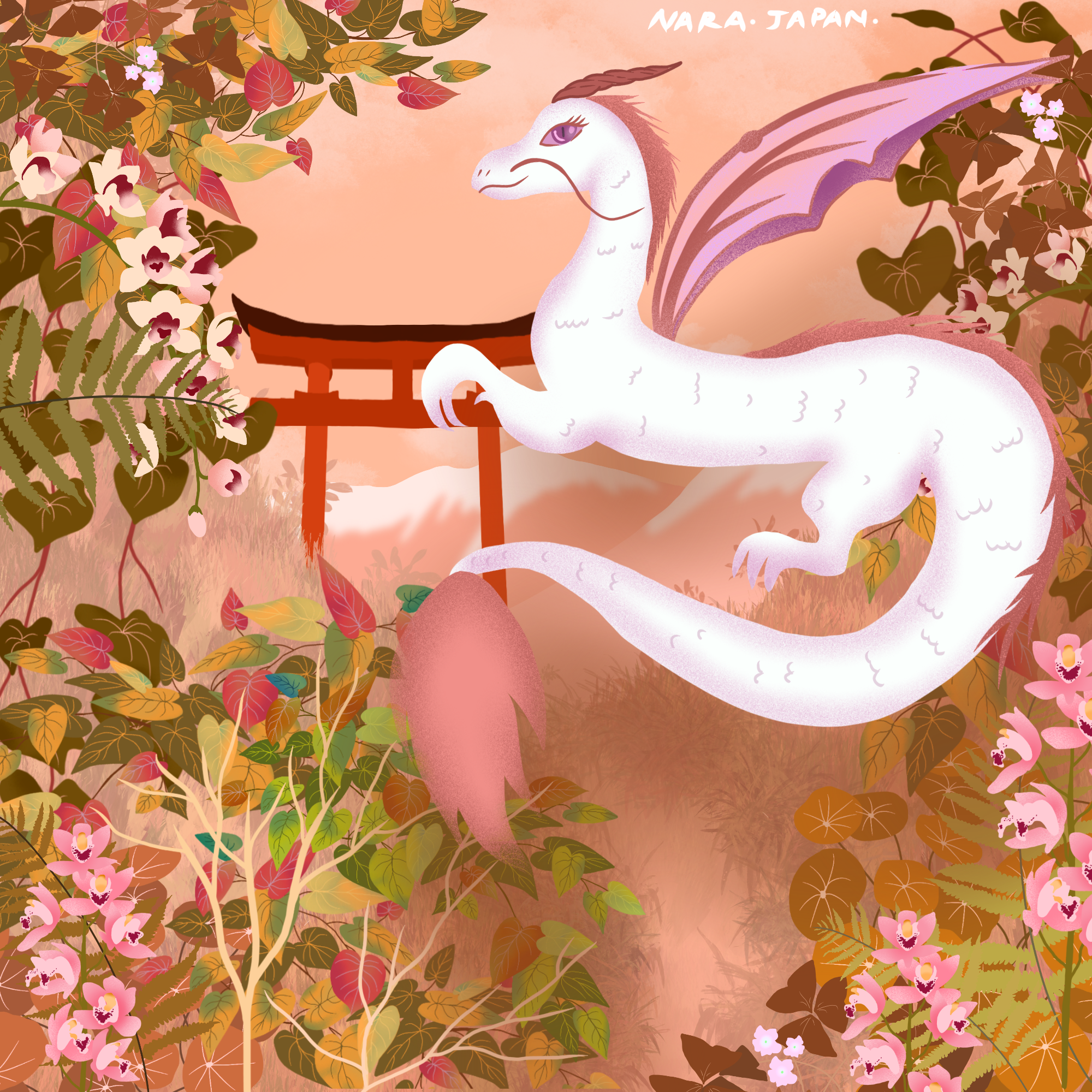 A long white-and-pink dragon threads through autumn foliage above a red gate.