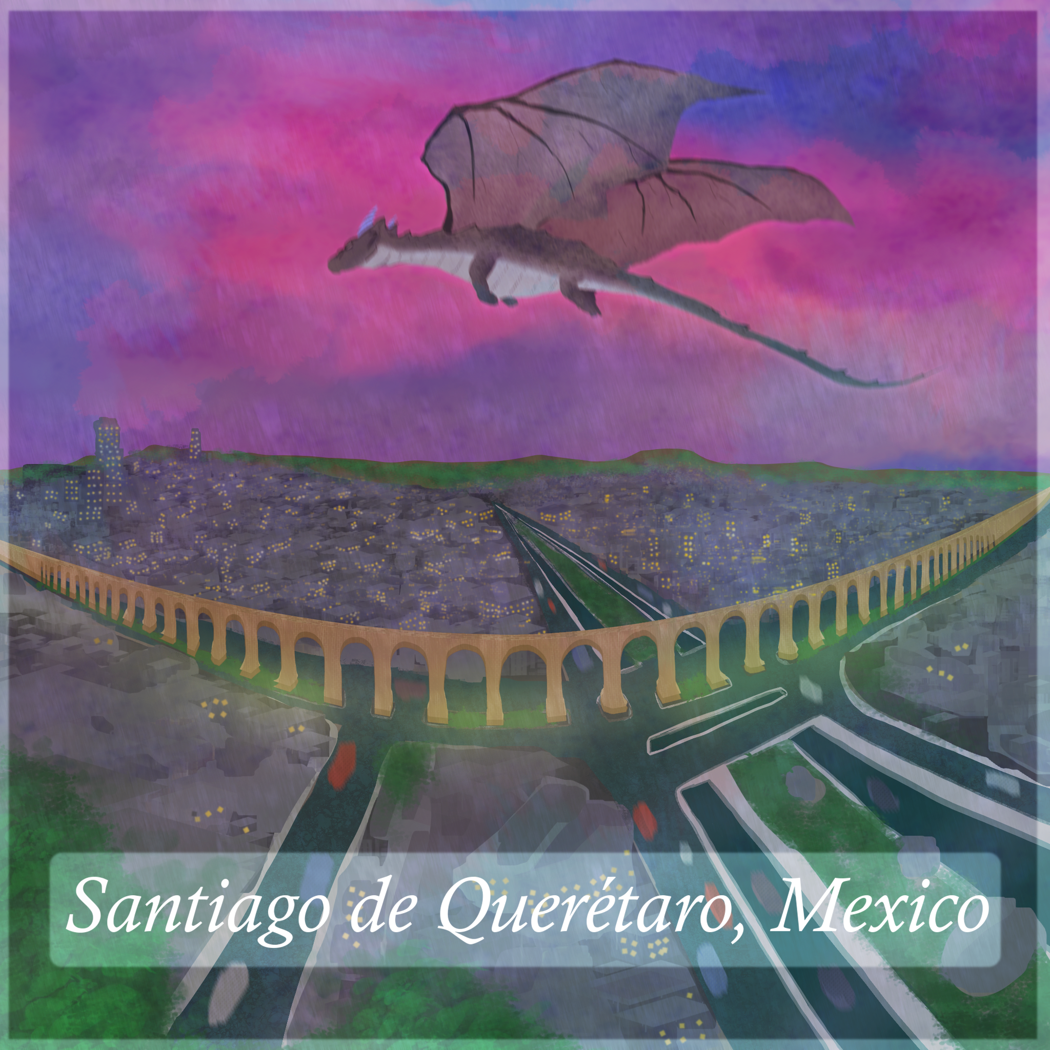A dark purple dragon glides over a long bridge and city beneath magenta storm clouds.