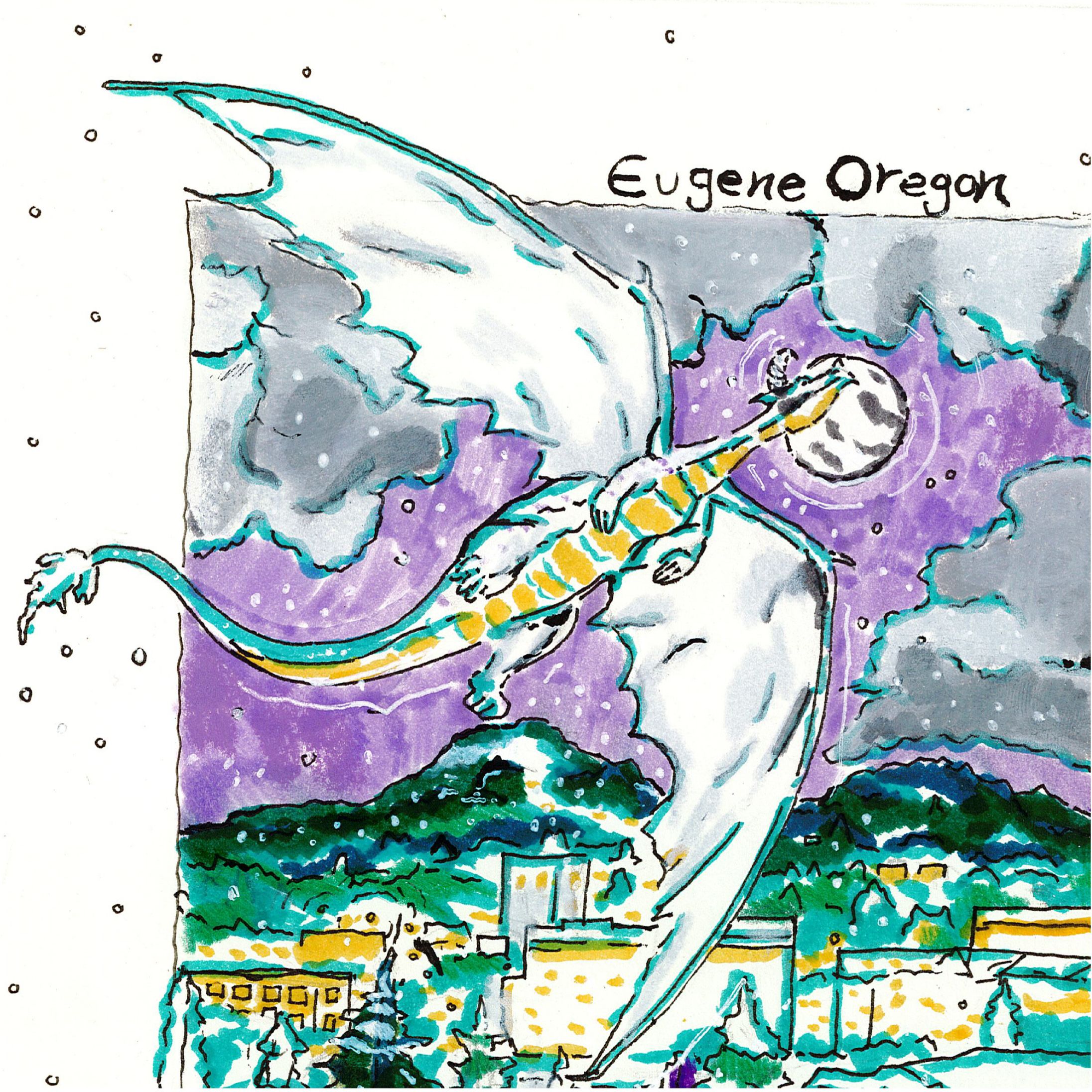 A blue winged dragon rises from splashing waves above a hillside town.