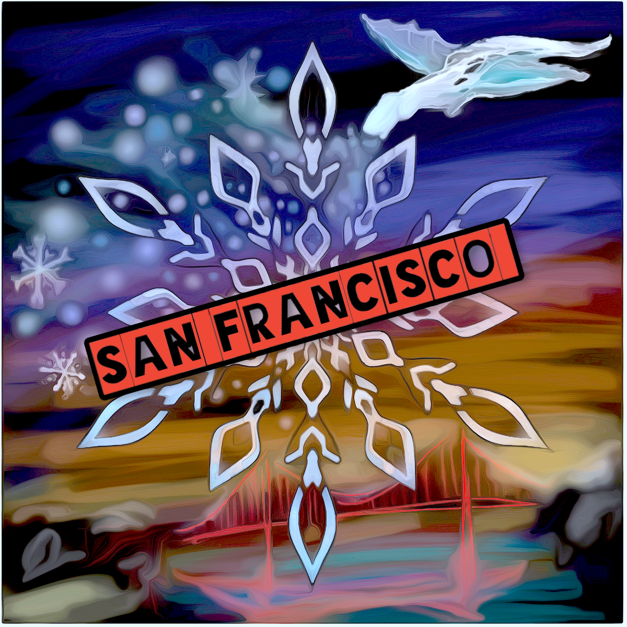 A crystalline pale dragon forms a snowflake shape above colorful city lights.