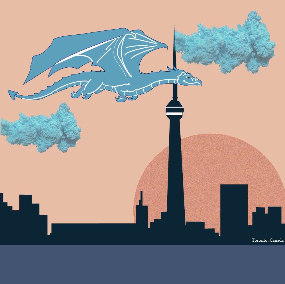 A cyan line-drawn dragon flies above a skyline and tall needle-shaped tower.