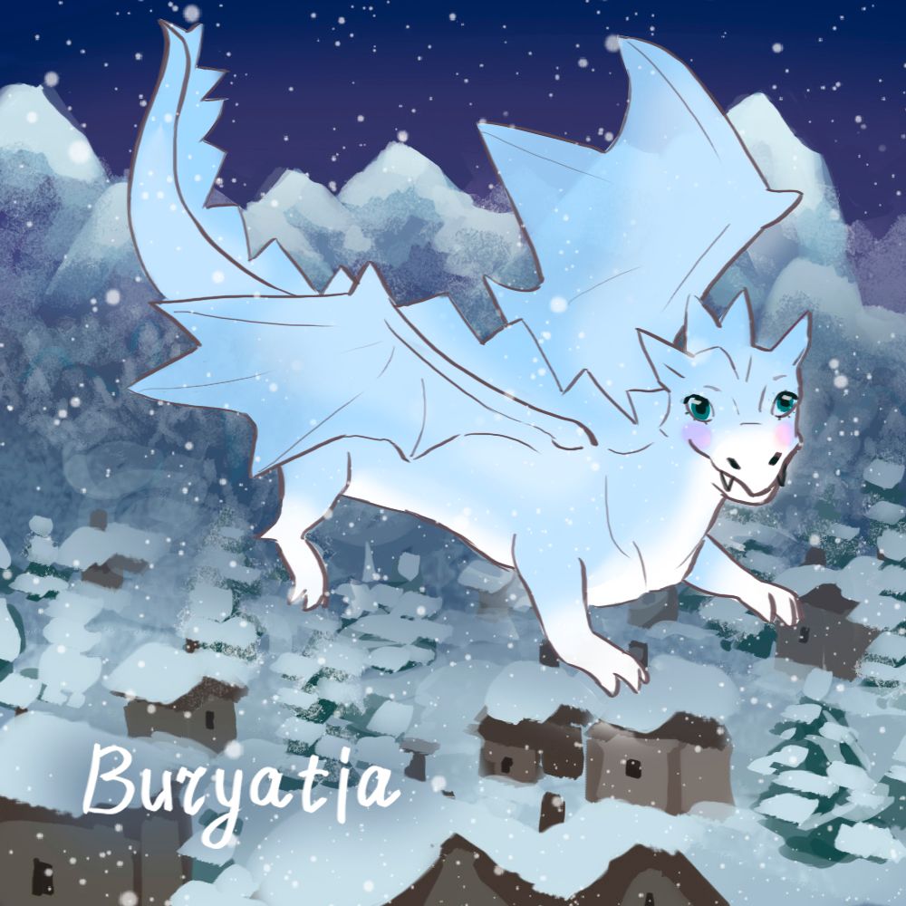 A pale blue dragon flies above a snowy town beneath a dark starry sky.