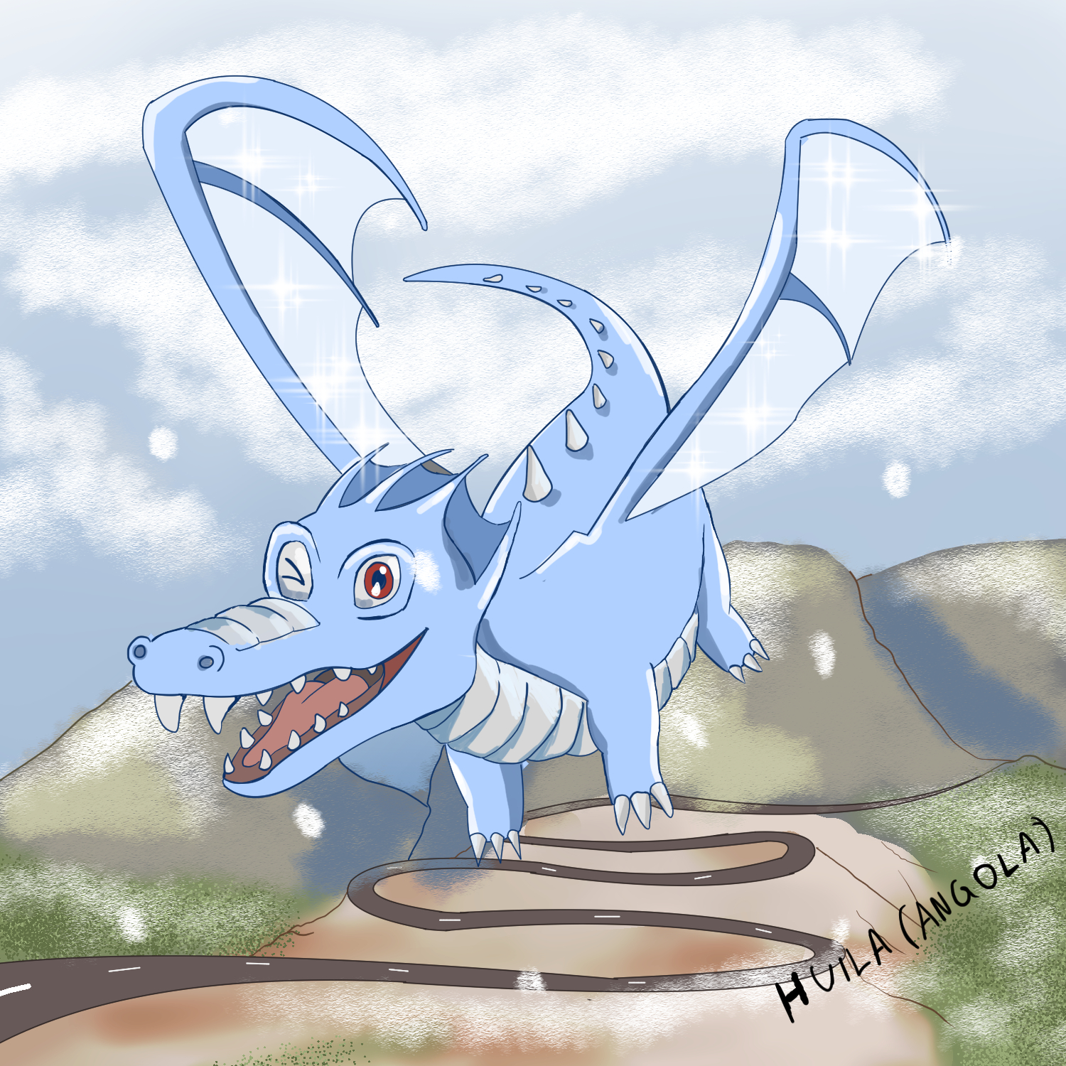 A smiling pale blue winged dragon launches from a round platform against cloudy hills.