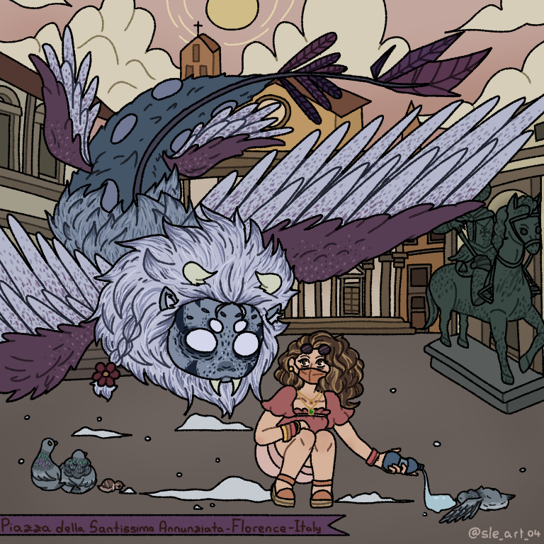 A shaggy gray feathered dragon faces a seated child in an old city street.