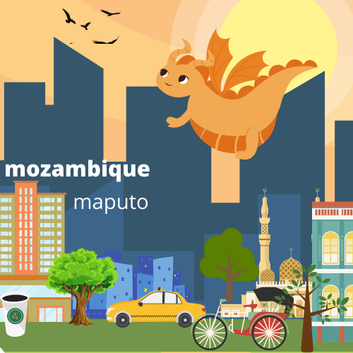 An orange dragon flies before a sunset over a stylized city skyline.