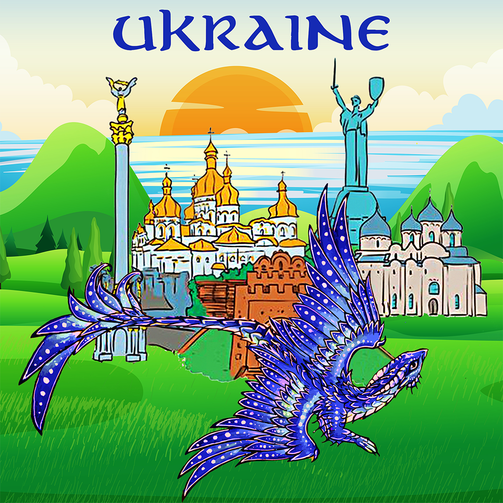 A purple-and-blue feathered dragon flies above a bright illustrated city and the word UKRAINE beneath a sunrise.
