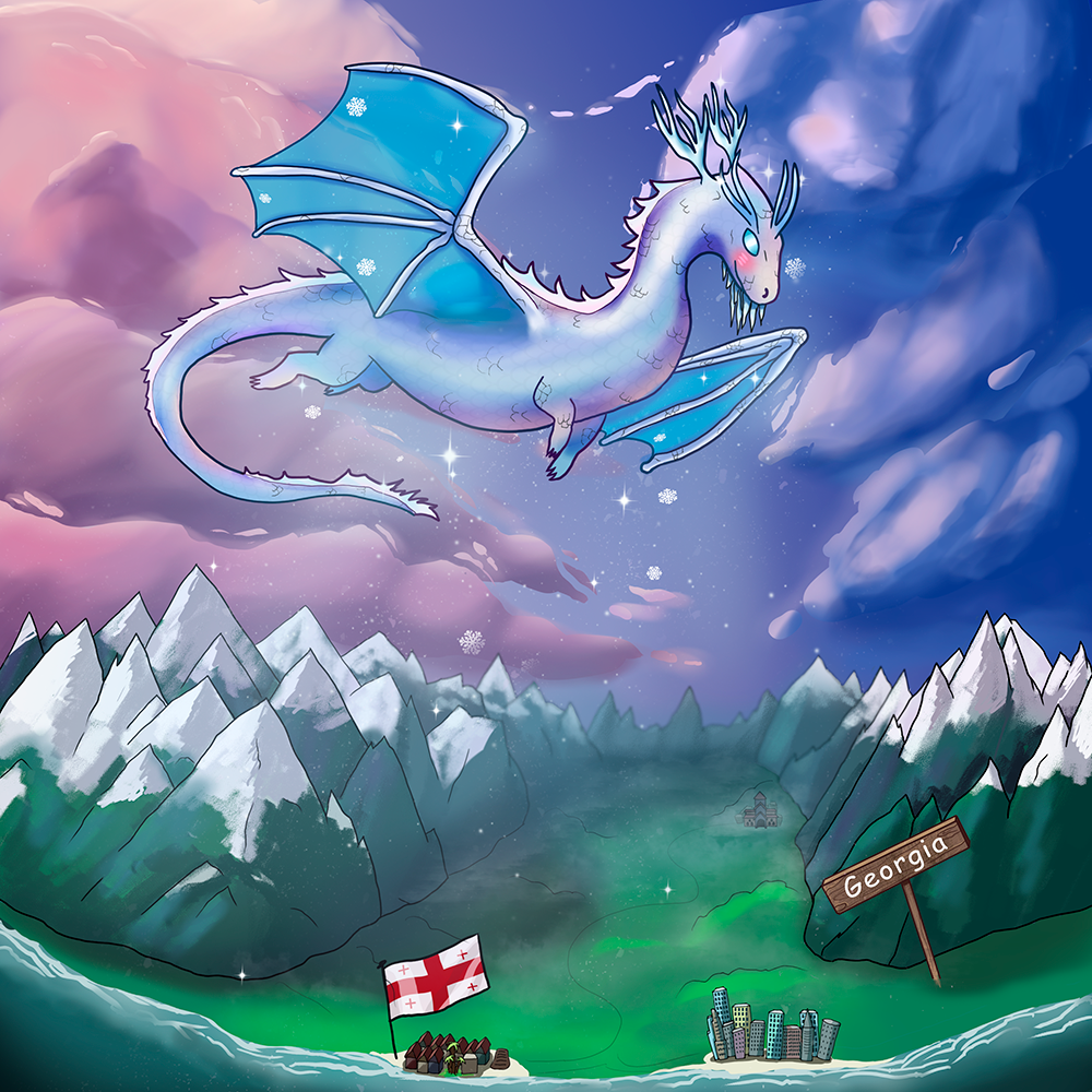 A turquoise winged dragon flies above snowy mountains beside a small flag and signpost.