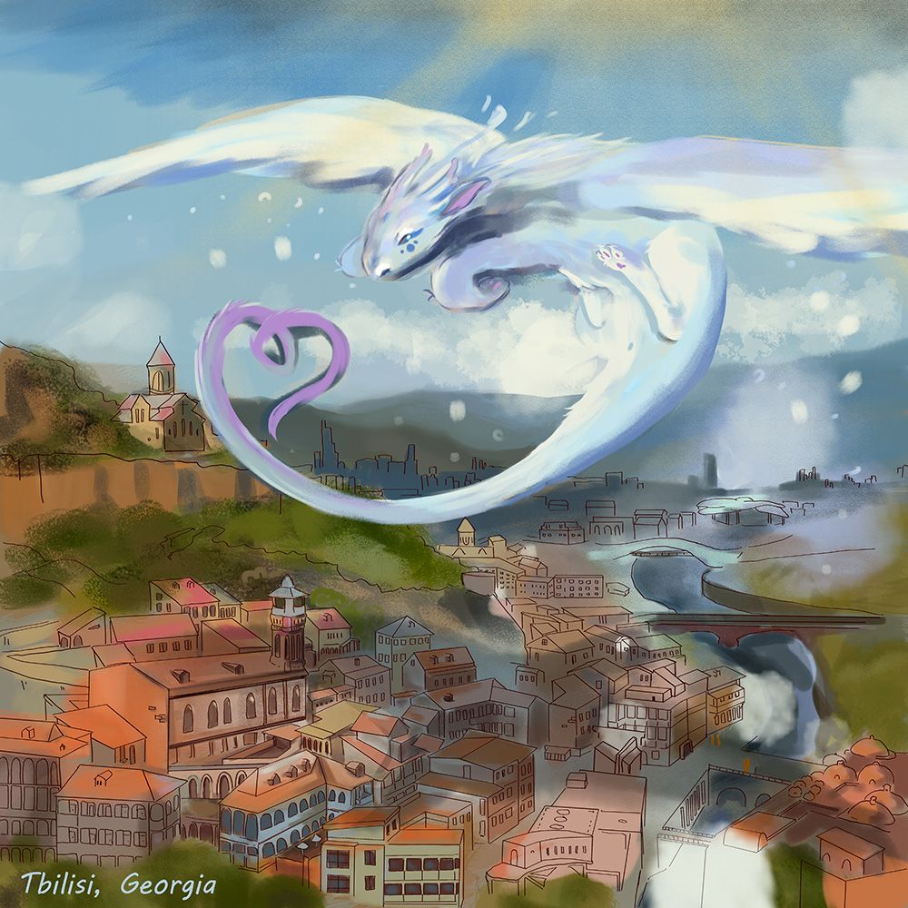 Two pale dragons curve toward each other above a sunlit city, their tails forming a heart.