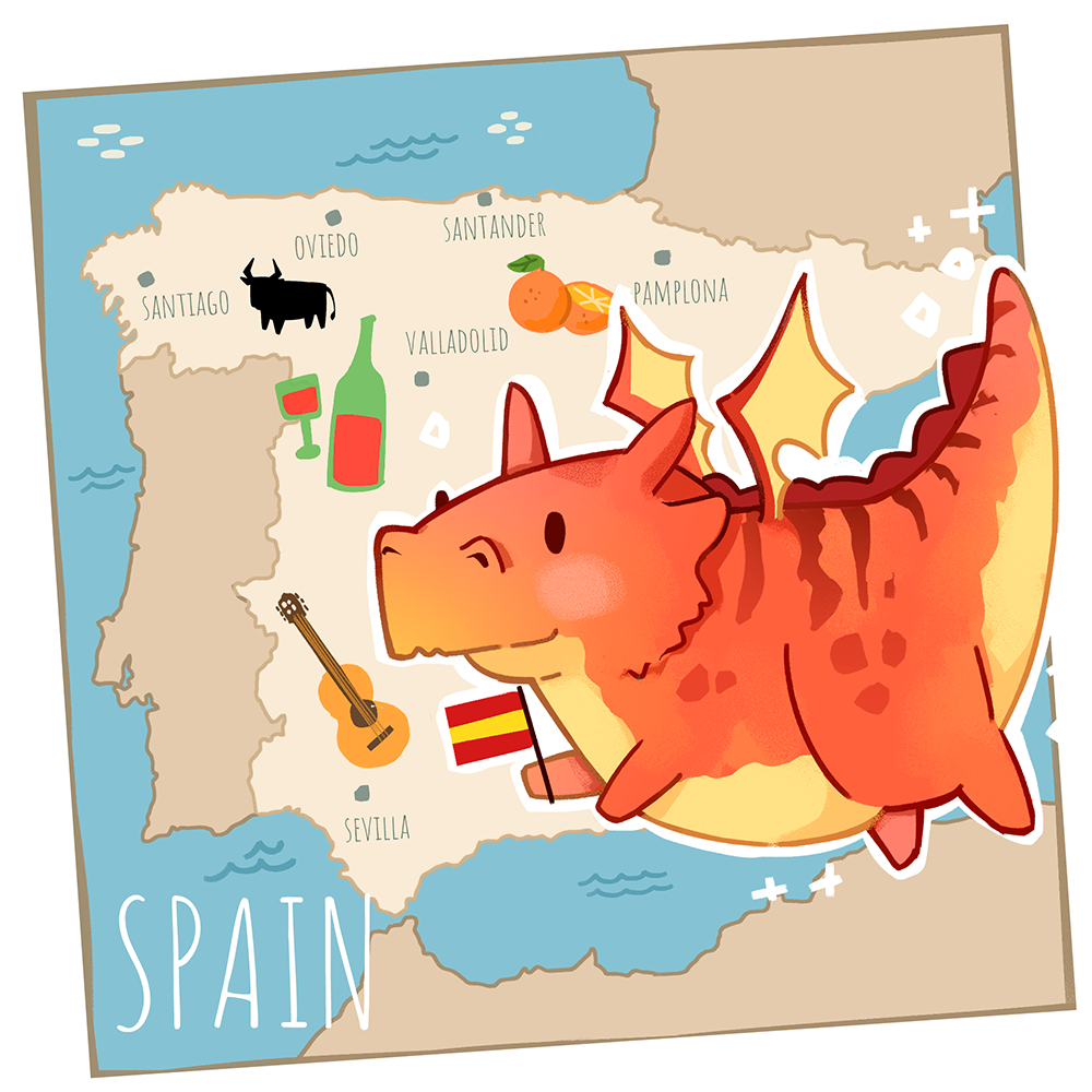 A rounded orange dragon holds a paintbrush and palette while standing over an illustrated map.