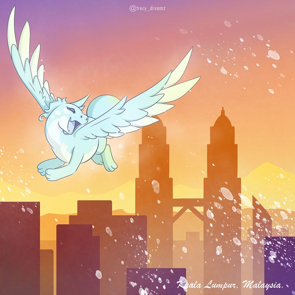 A white winged dragon flies through a golden sunset above dark city silhouettes.