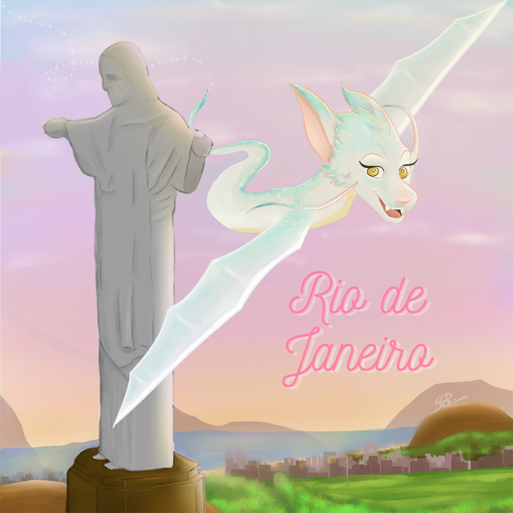 A pale green horned dragon winds around a hilltop statue above a coastal landscape.