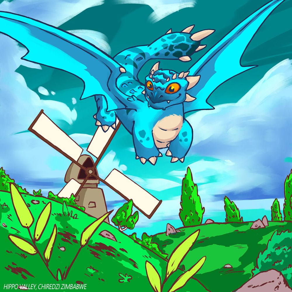 A bright blue spotted dragon dives above a white windmill and vivid green plants.