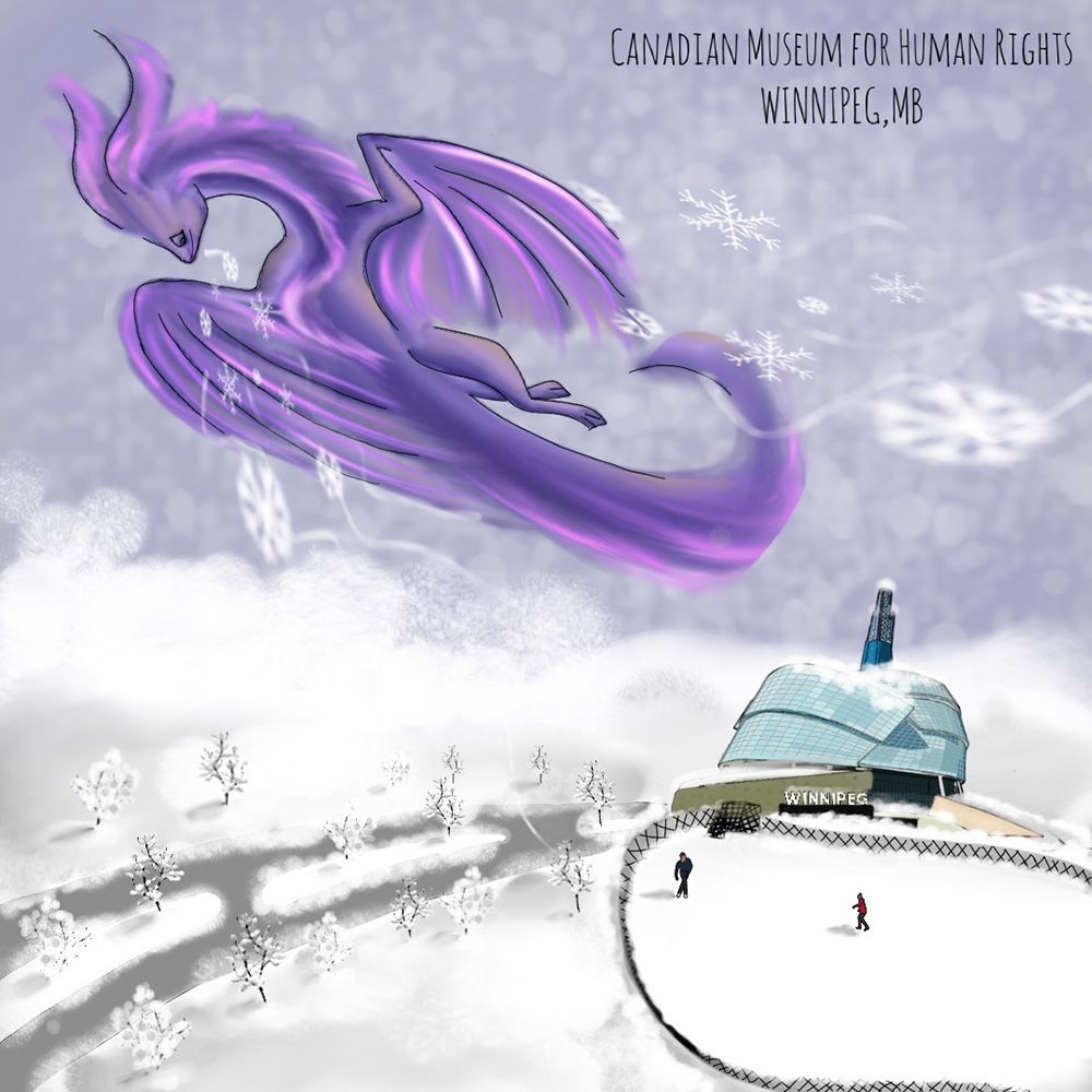 A translucent purple dragon streaks through clouds above snow-covered museum grounds.