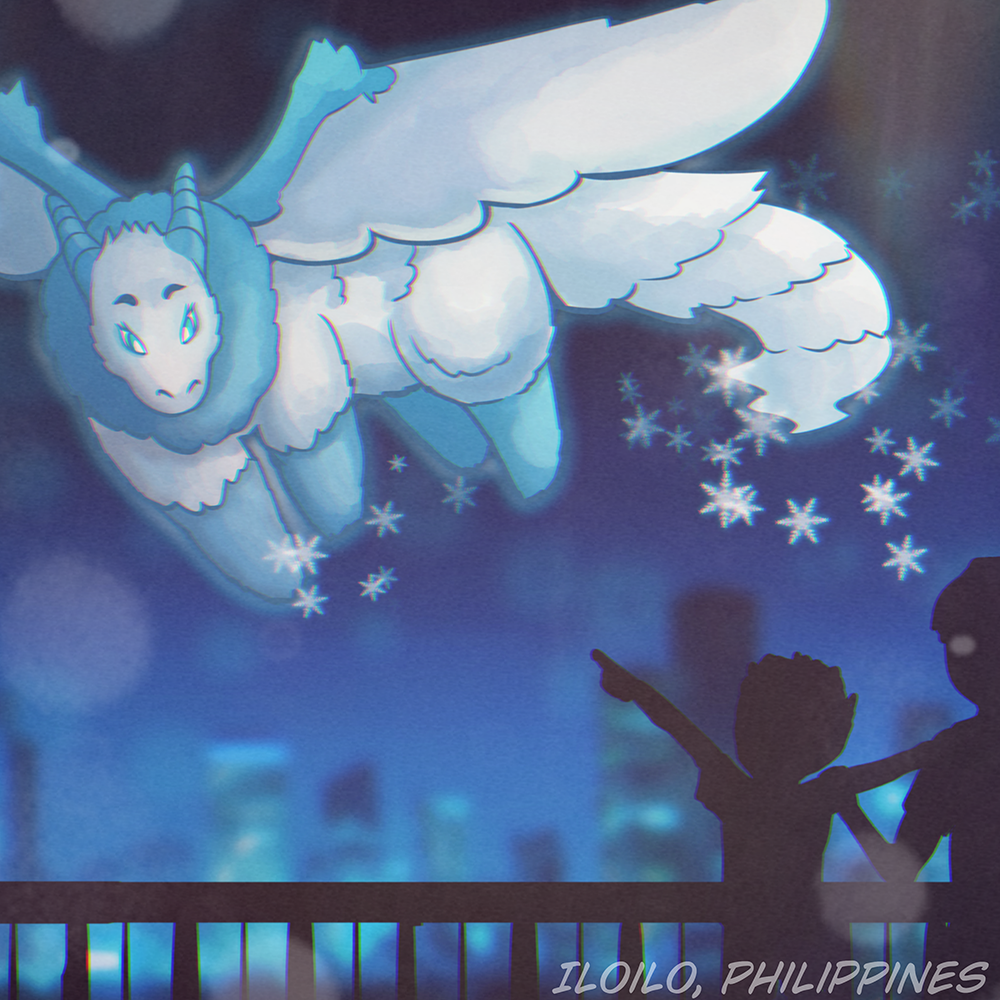 A fluffy blue dragon scatters snowflakes while flying above a silhouetted child.