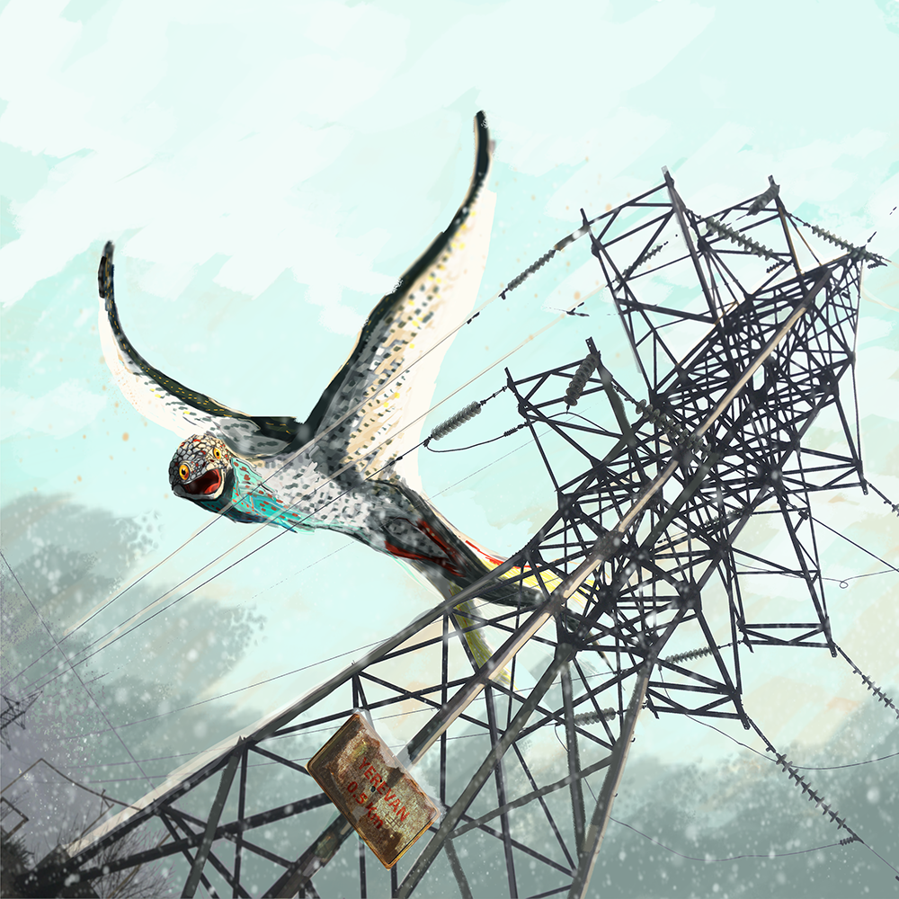 A patterned white dragon with long black wings glides past metal power pylons.