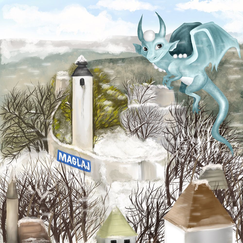 A pale blue dragon perches beside a white lighthouse amid snowy trees and glass bottles.