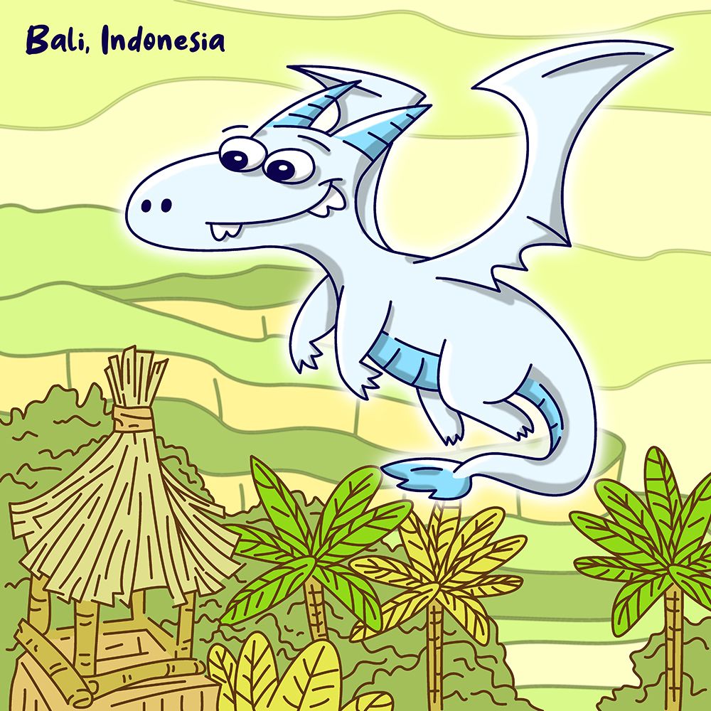 A playful white cartoon dragon flies above tropical huts and palm trees.