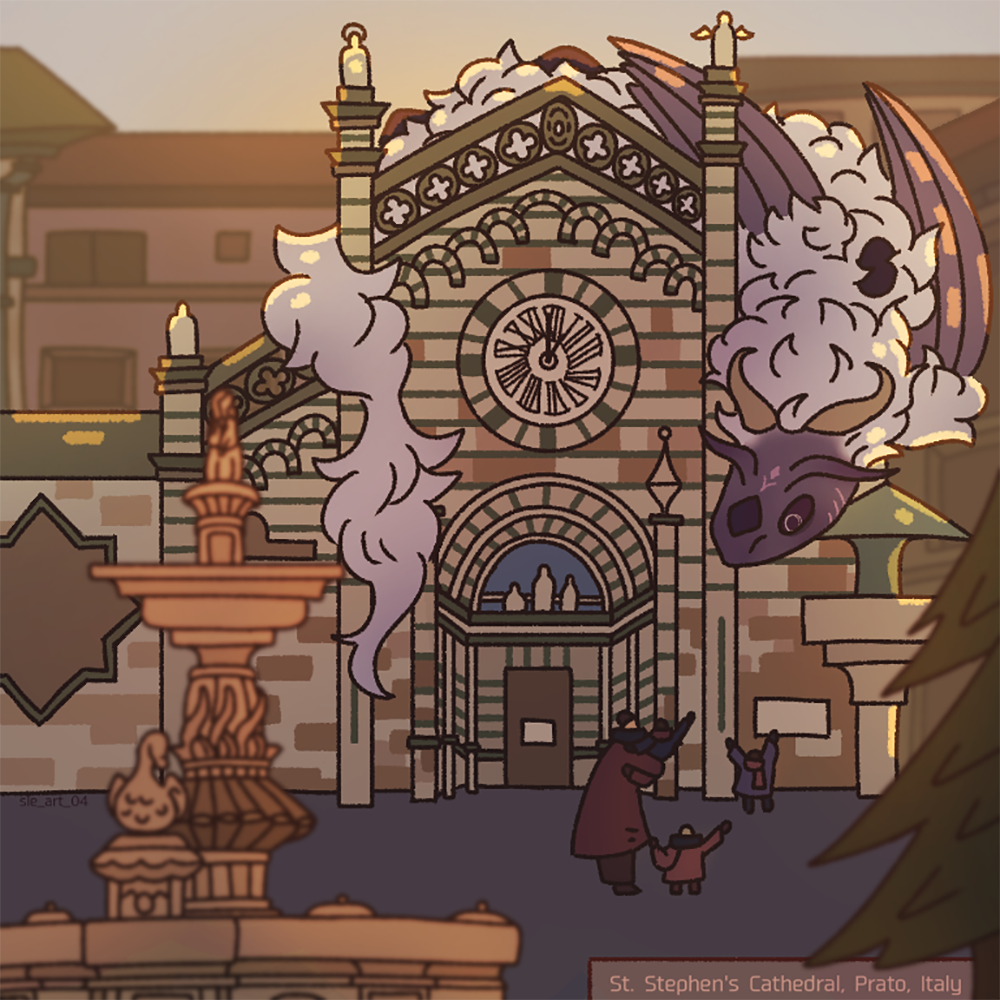 A smoky purple dragon curls around the ornate façade of a cathedral.