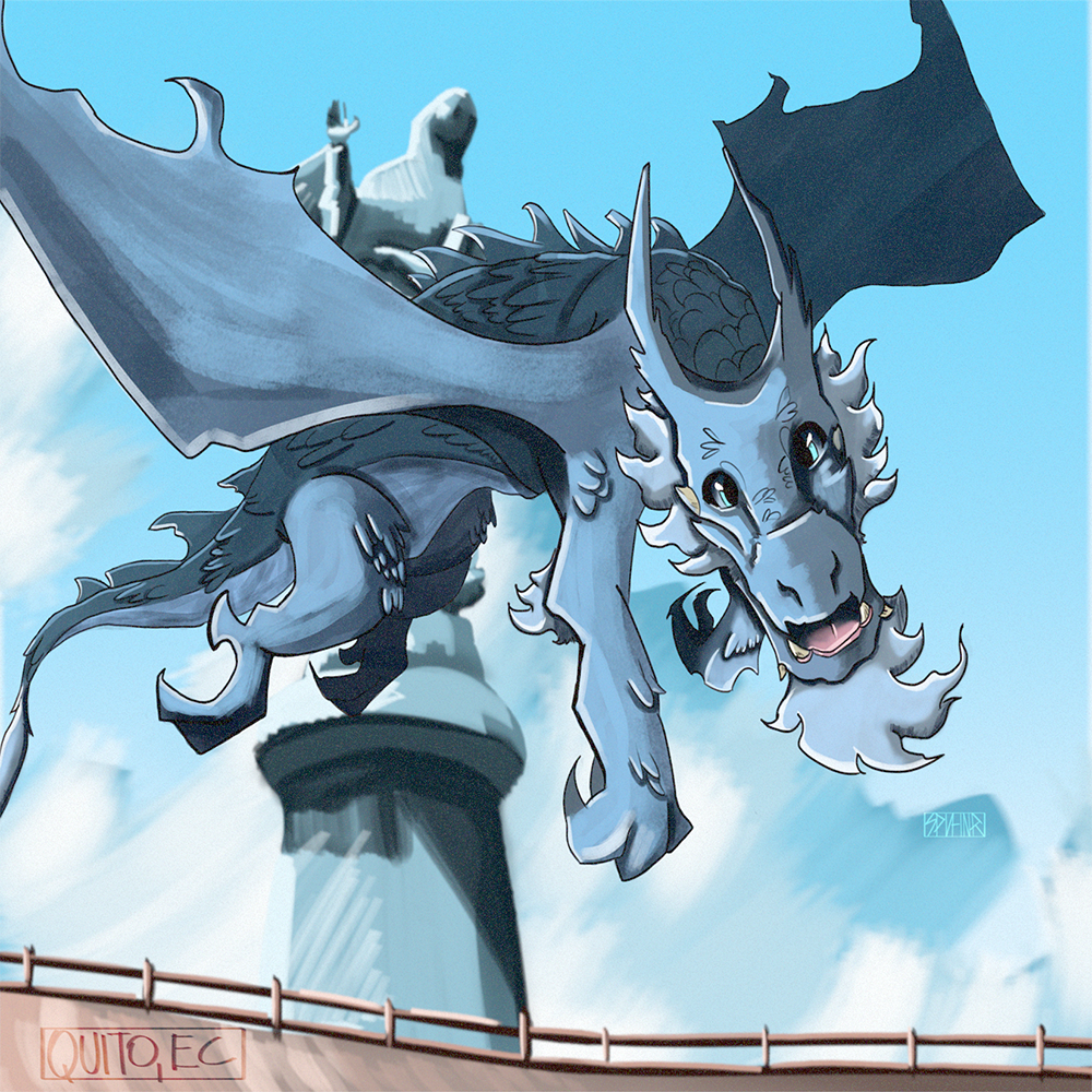 A horned blue-gray dragon swoops beside a raised statue hand against a clear sky.