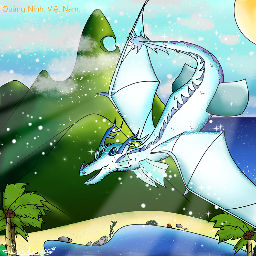An angular icy white dragon curves above mountains, palm trees, and blue water.