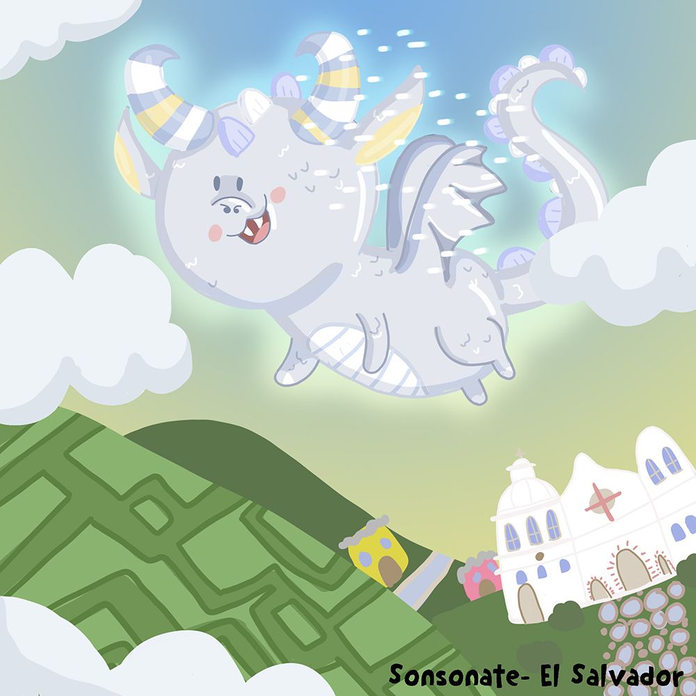 A whimsical striped white dragon floats among clouds above a colorful church and city.