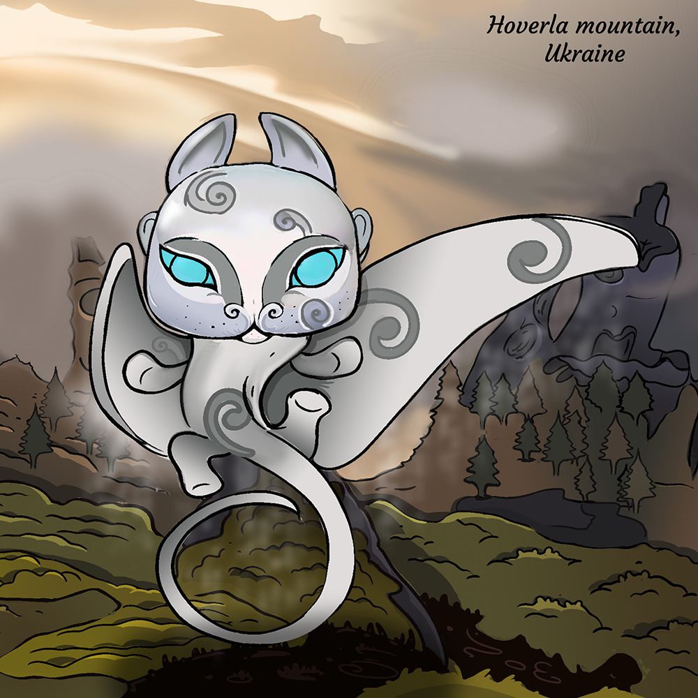 A stylized white-and-gray dragon with curled horns perches before dark mountains.