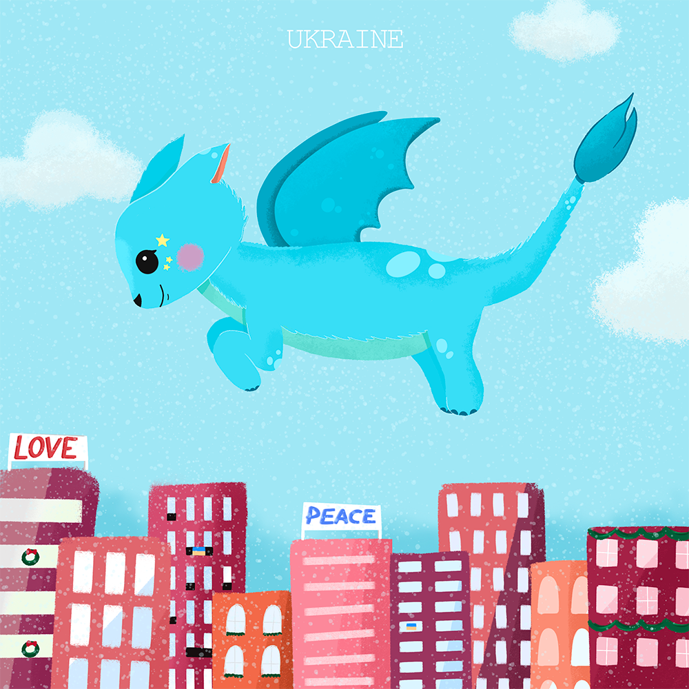 A small turquoise dragon flies above colorful city blocks marked with love and peace.