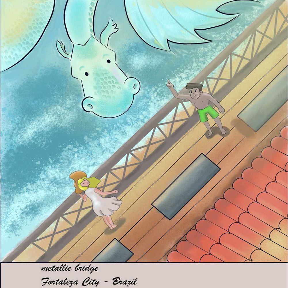 A pale mint dragon looks down from above as two people climb a metal structure near red roofs.